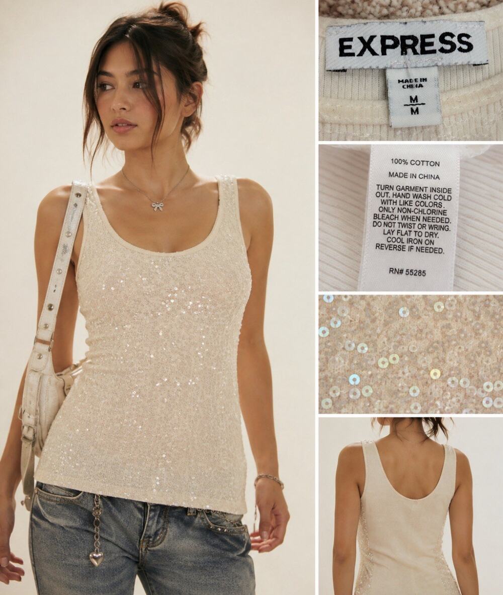 Y2K Indie Sleaze Layering Glam Express Sequin Ribbed Tank Top Size M Ivory Cream